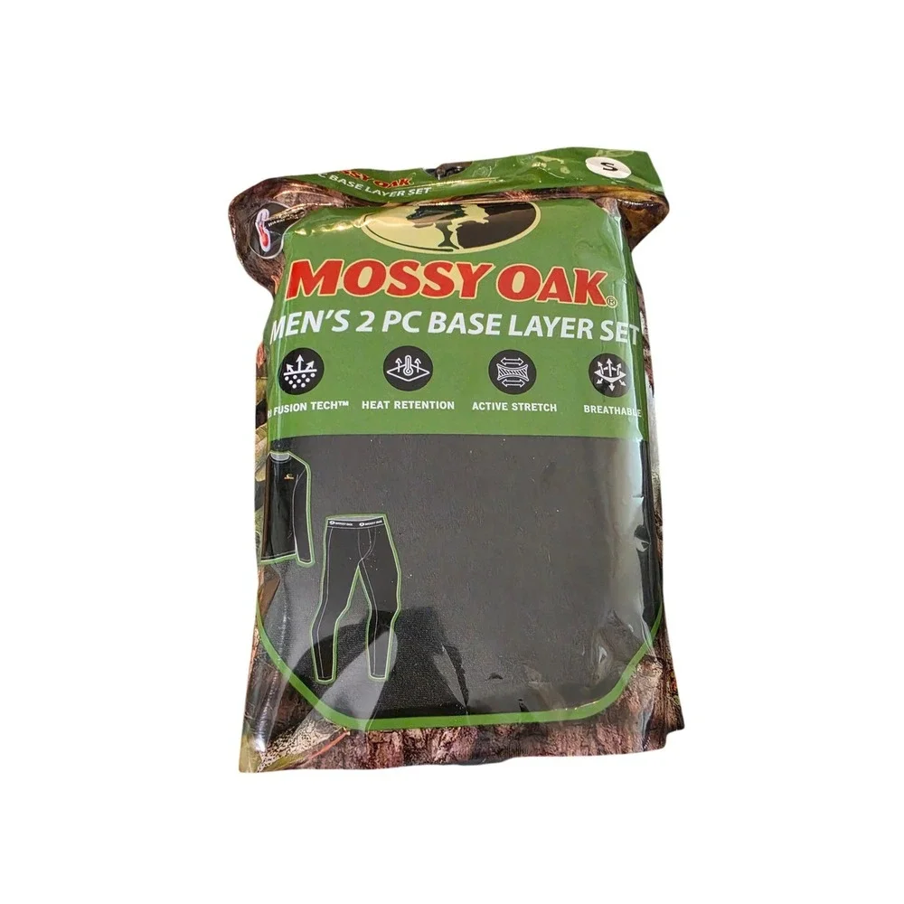 Mossy Oak Mens 2 Piece Base Layer Set Black Thermal Underwear Small MOM5158-WM